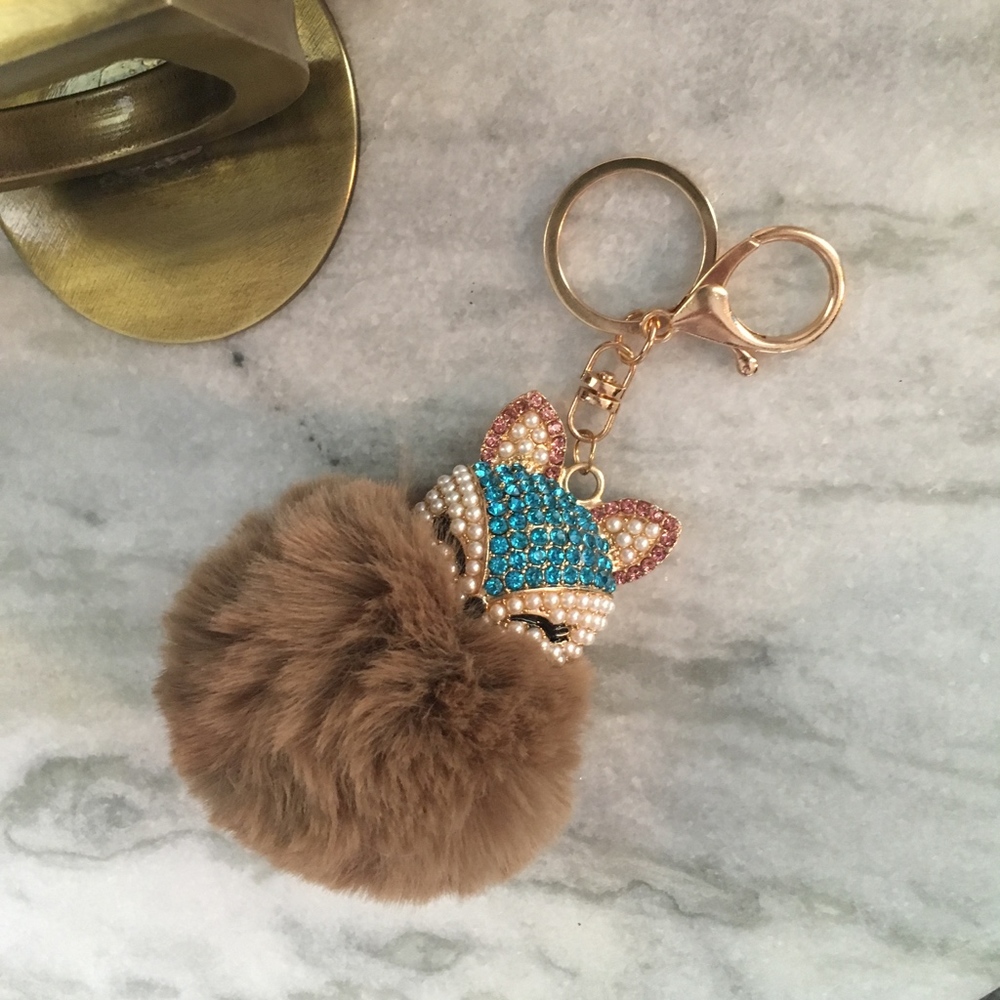 Rhinestone Fox Furry Pom Pom Pearl Keychain Purse - Picture 2 of 6